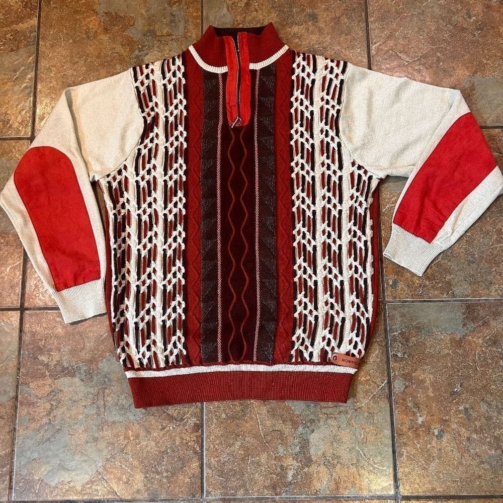 Montique Mens Knit Sweater Sz L Burgundy Brown Half Zip Nice Condition No Flaws